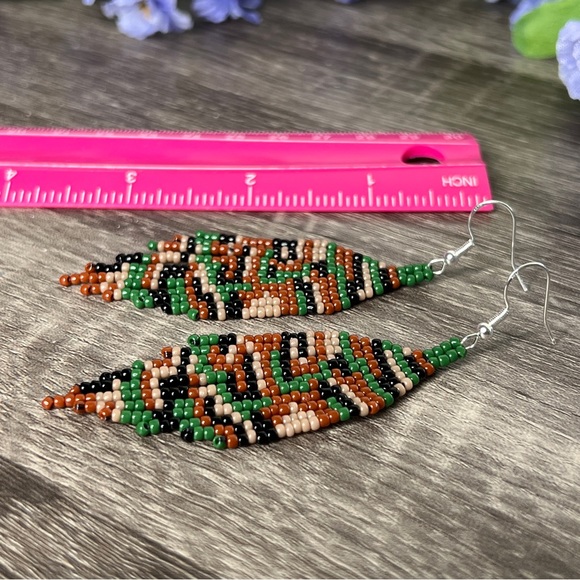 Womens Camo Glass Seed Bead Fringe Tassel Earrings Handmade - Picture 2 of 5